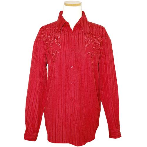 Pronti Red With Shadow Stripes & Embroiderey Cotton Blend Long Sleeves Shirt S1551